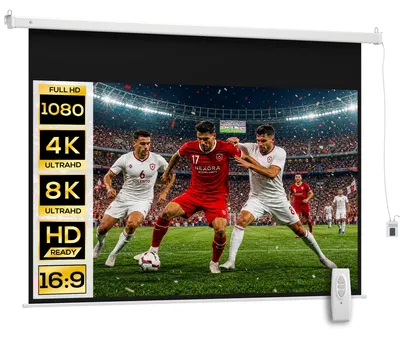 Productafbeelding van Projectiescherm 247 x 168 cm 100 inch 16:9 HD 4K projectiescherm, elektrisch met afstandsbediening, wit