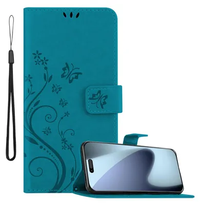 Produktbild von Cadorabo Hülle für Apple iPhone 17 PRO MAX Hülle in FLORAL BLAU Schutzhülle im Blumen Design mit Magnetverschluss, Standfunktion und Kartenfächern Book Case Cover