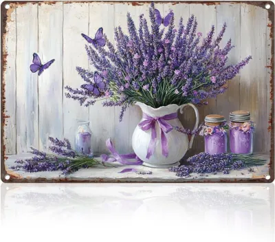 Produktbild von Metallschild mit Lavendelblumen, Retro-Wanddekoration, 20 x 30 cm, Vintage-Blumenbild für die Wand, ideal für Zuhause, Cafés usw