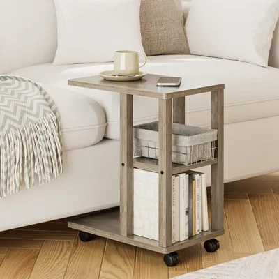 Image de Table d'appoint mobile en forme de C, petite, pour canapé, en bois gris, avec 2 plateaux de rangement