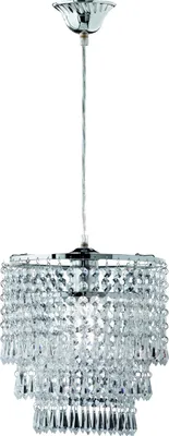 A silver chandelier with crystal beads hanging in three tiers.