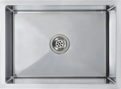 A top-down view of a stainless steel kitchen sink with a drain in the center.