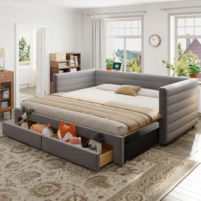 Obrázok produktu pre Manželská posteľ s úložným priestorom 90 x 190 cm, rozťahovacia na lôžko o rozmeroch 180 x 190 cm, multifunkčná posteľ 3 v 1 s 2 zásuvkami, rošt, poťah z bavlny a ľanu, sivá farba