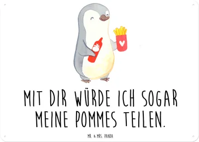 Produktbild von Mr. & Mrs. Panda tafel Pinguin Pommes DIN A6 - Weiß - Geschenk, Blechschild, für Freundin, Hochzeitstag, wandtafel, Wandbild, Valentinstag, Liebesbeweis, Schild, Frauen