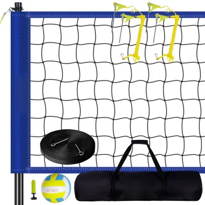 Obrázok produktu pre Sieť na volejbal - výškovo nastaviteľná sieť na volejbal - 9,7 x 2,4 m Prenosná sieť na plážový volejbal - modrá - skladacia sieť na volejbal s loptou a taškou na prenášanie - na záhradu, pláž