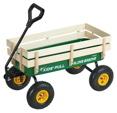 Produktbild von VEVOR Ziehwagen für Kinder, 101 cm Kinderwagen mit Holzpaneelen & Griff, unterstützt bis zu 150 kg, All-Terrain Nutzwagen Geburtstagsgeschenk für Kinder Garten Strand, Rot, Metall+Holz-a, Grün