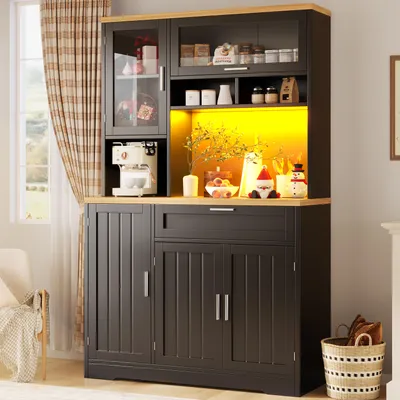 Image de Armoire haute Flieks avec éclairage LED, 104 x 40 x 180 cm, pour la cuisine et le salon, buffet haut, noir