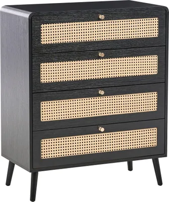 Produktbild von BELIANI Kommode Schwarz MDF Rattan Wiener Geflecht mit 4 Schubladen Goldene Griffe Boho Stil Schlafzimmer Wohnzimmer