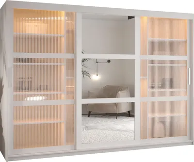 Produktbild von MEBLE KRYSPOL FLUTES 2 3-türiger Schrank Spiegel, 200x250x62cm - Weiß, Weiß, Silber