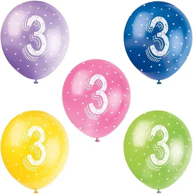 Produktbild von 5 bunte Zahl 3 Latexballons 30cm