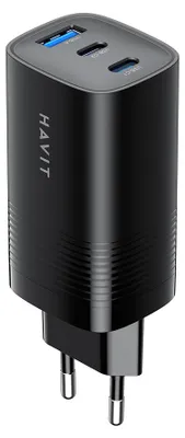 Image de Chargeur de voyage Havit UC20 - GaN 65 W à trois ports, noir.