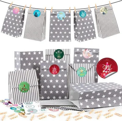 Imagen del producto de Calendario de adviento para rellenar - Gris - 25 bolsitas de papel para el calendario de adviento con pegatinas de números - Bolsitas para regalos de Navidad