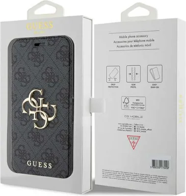 Produktbild von Guess, Etui für iPhone 15 Pro Bookcase mit Kartenfach und Ständer, Dunkelgrau