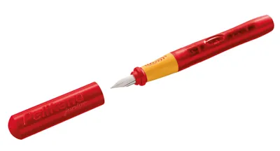 A red fountain pen with a yellow grip and a silver nib, with its red cap detached and placed to the left.