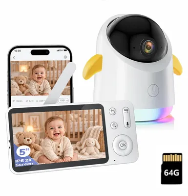 Productafbeelding van Babyfoon met camera-app, 5-inch video, Wi-Fi, RGB-nachtlampje, bewegingsdetectie, geluidsdetectie, nachtzicht, 64G geheugenkaart