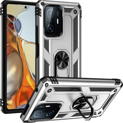 Obrázek produktu pro Pouzdro pro Xiaomi Mi 11T / Mi 11T Pro dvouvrstvé robustní, vojenská ochrana pouzdro s držákem prstenu a stojánkem Stříbro