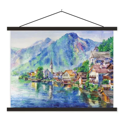 Produktbild von MuchoWow® Textilposter Gemälde - Ölfarbe - Haus - Berge - Wasser 150x113 cm mit schwarzem Rahmen - Wohnzimmer