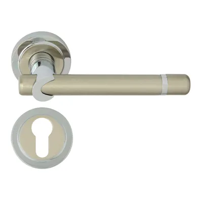 Produktbild von DOMINO Türgriff Drückergarnitur PZ - Profilzylinder Set | Rund-Rosette | Türklinke für Zimmertür, Bürotür, Kellertür & Innentür | Türbeschläge aus Messing | Chrom/Nickel Türdrückergarnitur | DELPHI-R M6/M9