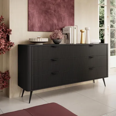 Productafbeelding van Kommode/dressoir FLORE, 163 cm, zwart, geribbeld, met 6 lades