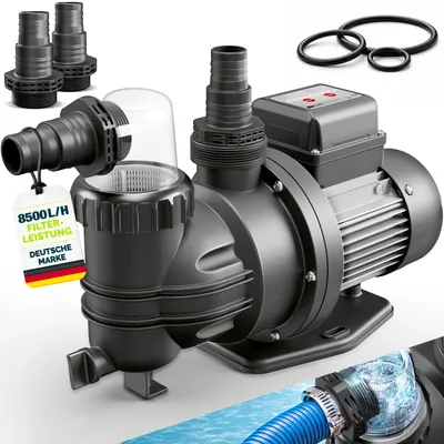 Immagine prodotto di Pompa filtrante per piscina tillvex® con timer, 8.500 l/h e 450 W | Pompa per piscina con prevalenza max. 9 m | Pompa di ricircolo per piscine da 33 m³ | Pompa per piscina autoadescante per piscine fuori terra e spa con prefiltro