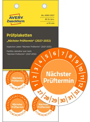 Obrázek produktu pro Kontrolní štítky. Další kontrola: 2027-2032. Typ: NoPeel, průměr 30 mm, balení 80 kusů