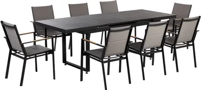 Produktbild von BELIANI Gartenmöbel Set 9-teilig Schwarz Aluminium Ausziehtisch 180 / 240 x 90 cm Latten-Tischplatte Rechteckig mit 8 Stühlen Bespannung Grau Stapelbar