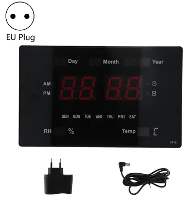 Obrázek produktu pro Multifunkční nástěnné LED digitální hodiny 100–240 V s displejem zobrazujícím teplotu, vlhkost a věčný kalendář – EU