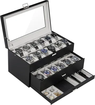 Productafbeelding van Horlogebox zwart van kunstleer met meerdere vakken, laden en transparant deksel voor horloges en accessoires