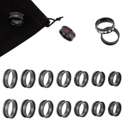 14er-Set Ringrohlinge Titanstahl mit Rillen, Schwarz, 7 Größen