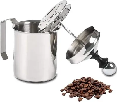 Obrázek produktu pro Ruční napěňovač mléka – 400 ml – nerezový napěňovač mléka – dvojitý – Ruční napěňovač mléka – Ruční napěňovač mléka pro dokonalé napěnění mléka – kuchyňské náčiní