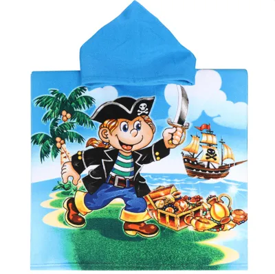 Produktbild von com-four® Badeponcho mit Kapuze - Strandtuch mit Piraten-Motiv - Kapuzenüberwurf für Strand, Schwimmhalle und Badezimmer - weiches Handtuch zum Überziehen