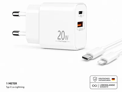 Produktbild von Schnellladegerät USB-C + USB-A Dual Netzteil Universal mit Kabel – Typ-C Lightning 1 Meter