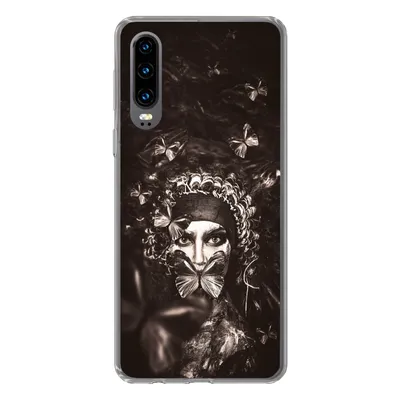 Produktbild von MuchoWow® Handyhülle Schutzhülle Hülle für Huawei P30 Frau - Schmetterling - Schwarz - Weiß Silikon Softcase Handy Hülle - Kartenbesitzer