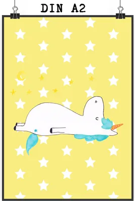 Produktbild von Mr. & Mrs. Panda Bild Einhorn Sternenhimmel DIN A2 - Gelb Pastell - Geschenk, Wandbild, Sterne, drucke, Plakat, Unicorn, Verrückt, wandkunst, wanddeko, Einhörner
