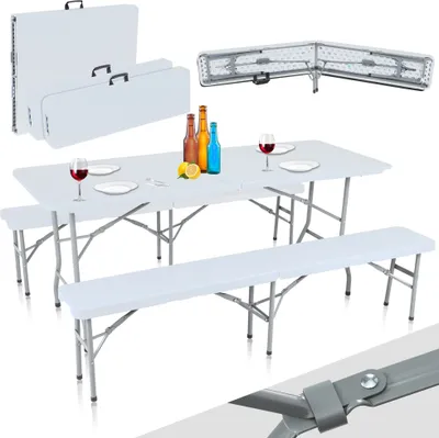 Produktbild von Strattore Buffettisch Bierzeltgarnitur klappbar mit Tisch und 2 Bänken - aus Kunststoff in Weiß