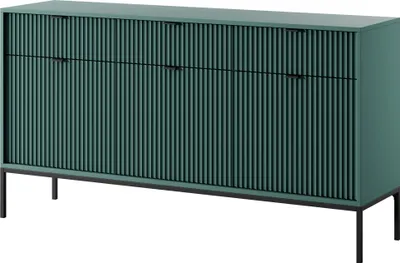 A green sideboard with black legs and handles, shown from a three-quarter angle against a white background.