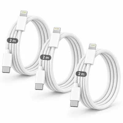 Produktbild von 3x iPhone Lightning Ladekabel 2m – Gesleevtes USB-C auf Lightning Ladekabel 20W – Schnellladekabel für iPhone 5 bis 14 Pro Max, iPad, iPod & AirPods