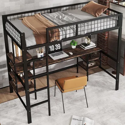 Image de MODFU Lit Mezzanine Simple 90x200 cm - Avec Bureau et Étagères - Structure Métal et Panneau de Particules - Sans Matelas - Noir