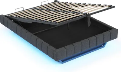 Immagine prodotto di Letto imbottito Fortuna Lai 160x200 cm, telaio idraulico sospeso con vano contenitore, letto imbottito multifunzionale senza testiera con luce LED, lino grigio