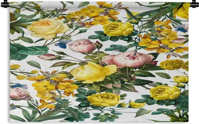 Produktbild von MuchoWow® Wandteppich Wandbehang Blumen - Gelb - Weiß 150x100 cm Tapisserie Dekoration Wandtuch - Waschbar - Tapisserien - Wand-Decke
