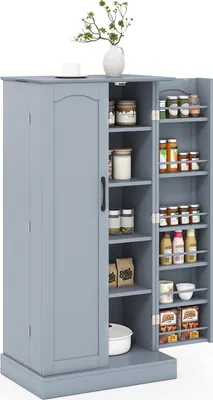 A gray pantry cabinet with its doors open, displaying various food items and containers on shelves.
