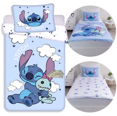 Produktbild von DISNEY Stitch blau-weiße, doppelseitige Kinderbettwäsche aus Baumwolle mit Reißverschluss, 100 % Baumwolle, 100 x 135 cm + 40 x 60 cm,