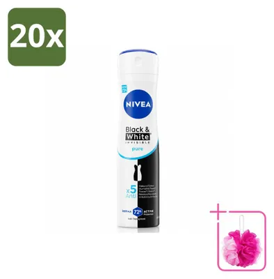 Imagen del producto de 20 aerosoles de desodorante NIVEA Black & White Invisible Pure, 150 ml, pack ahorro, 20 unidades