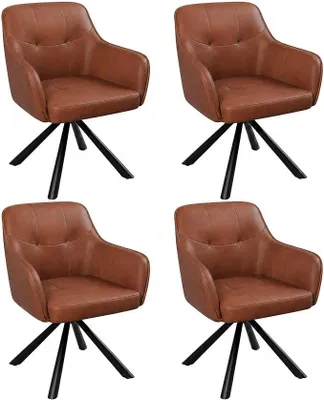 Imagen del producto de Juego de 4 sillas de comedor, giratorias 360°, tapizadas en cuero sintético, con reposabrazos, color marrón