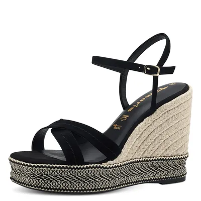 Produktbild von Tamaris Damen Sandalette Boho Leder Karree Keilabsatz Bastoptik 1-28363-20, Größe:37 EU, Farbe:Schwarz