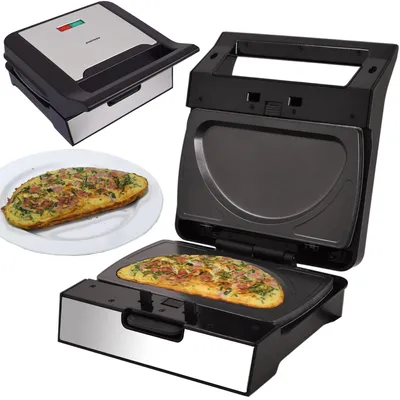 A collage of an omelette maker and a prepared omelette.