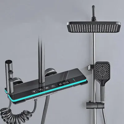 Immagine prodotto di Set doccia digitale - Sistema doccia - Miscelatore termostatico digitale - Display digitale - Illuminazione LED ambientale - Soffione quadrato - Altezza regolabile - Acciaio inossidabile grigio