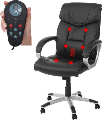 A black leather office chair with a remote control shown in a hand.