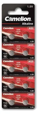 A blister pack of Camelion Alkaline button cell batteries.