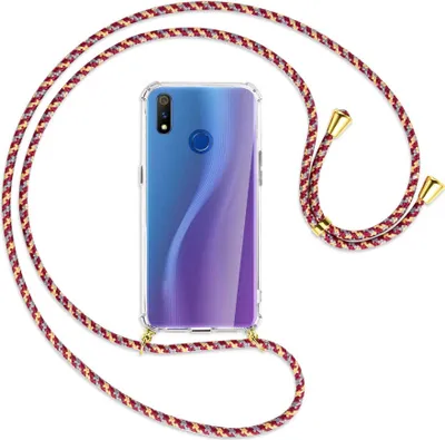 Produktbild von Handykette Backcover-Schutzhülle mit Band (Metall goldfarben) für Realme 3 Pro (X Lite) - weinrot/gelb/grau